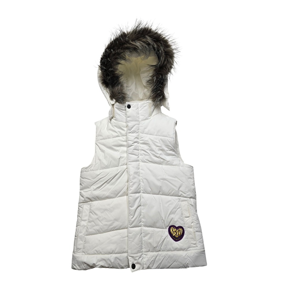 Burton Paradise Puffer Vest Faux Fur Hood DryRide White Girls Size L 10/12 Y2K
